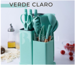 Ensemble d’ustensiles de cuisine de cuisine de chef 19 pièces Batterie de cuisine en silicone antiadhésive avec manche en bois Ensemble de spatules en silicone pour batterie de cuisine antiadhésive allant au lave-vaisselle, 19 pièces, vert lac