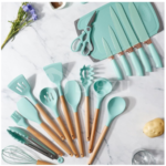 Ensemble d’ustensiles de cuisine de cuisine de chef 19 pièces Batterie de cuisine en silicone antiadhésive avec manche en bois Ensemble de spatules en silicone pour batterie de cuisine antiadhésive allant au lave-vaisselle, 19 pièces, vert lac