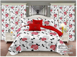 Ensemble draps + rideaux pour lit 3 places motif fleurie