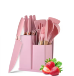 Ustensiles de cuisine en silicone - 12 pièces - Poignées en bois - Set de spatules de cuisine avec support - Cuillère et pinces - Rose