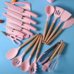 Ustensiles de cuisine en silicone - 12 pièces - Poignées en bois - Set de spatules de cuisine avec support - Cuillère et pinces - Rose