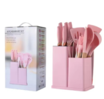 Ustensiles de cuisine en silicone - 12 pièces - Poignées en bois - Set de spatules de cuisine avec support - Cuillère et pinces - Rose